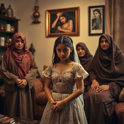 A dramatic scene depicting the struggle of a young Arab girl in love, as her family stands firmly against her desire to marry