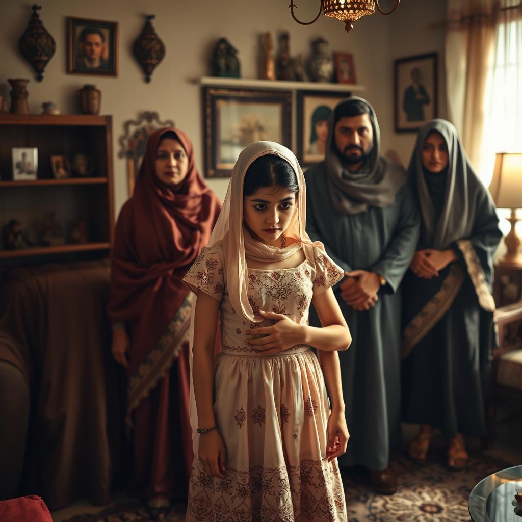 A dramatic scene depicting the struggle of a young Arab girl in love, as her family stands firmly against her desire to marry