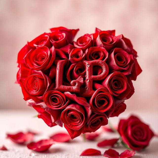 A heart made of beautiful red roses intricately arranged, featuring the letters 'L' and 'P' elegantly intertwined within the rose design