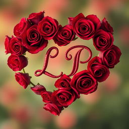 A heart made of beautiful red roses intricately arranged, featuring the letters 'L' and 'P' elegantly intertwined within the rose design