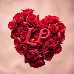 A heart made of beautiful red roses intricately arranged, featuring the letters 'L' and 'P' elegantly intertwined within the rose design