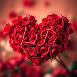 A heart made of beautiful red roses intricately arranged, featuring the letters 'L' and 'P' elegantly intertwined within the rose design