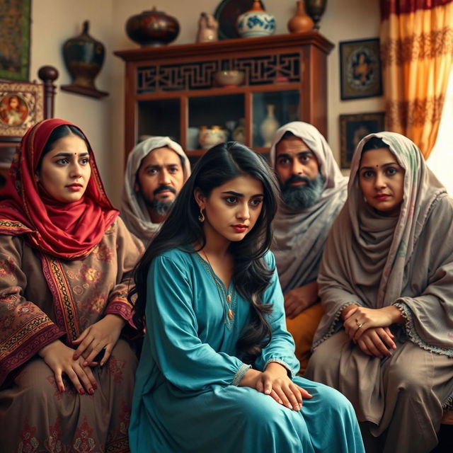 A Middle Eastern family scene where a young Arab woman is sitting with her family in a traditional living room, expressing her desire to marry