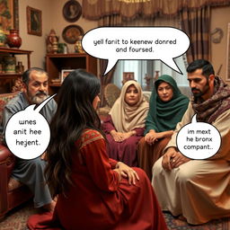 A Middle Eastern family scene where a young Arab woman is sitting with her family in a traditional living room, expressing her desire to marry