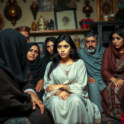 A Middle Eastern family scene where a young Arab woman is sitting with her family in a traditional living room, expressing her desire to marry