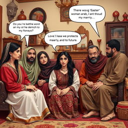 A Middle Eastern family scene where a young Arab woman is sitting with her family in a traditional living room, expressing her desire to marry