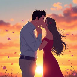 A stylized couple in a romantic scene, positioned in a serene setting at sunset, sharing a passionate kiss