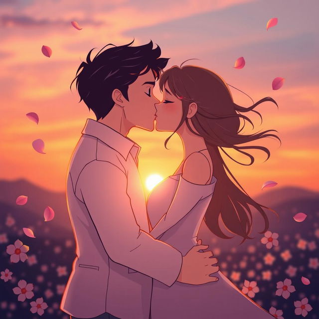 A stylized couple in a romantic scene, positioned in a serene setting at sunset, sharing a passionate kiss