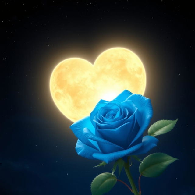 A bright, luminous moon shaped like a heart, surrounded by an enchanting blue rose