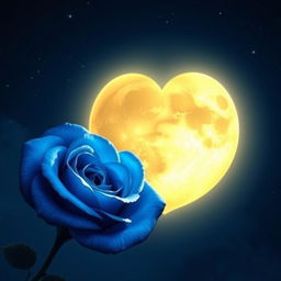 A bright, luminous moon shaped like a heart, surrounded by an enchanting blue rose