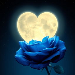 A bright, luminous moon shaped like a heart, surrounded by an enchanting blue rose