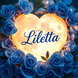 A beautifully crafted heart-shaped moon surrounded by stunning blue roses, with the name 'Lietta' elegantly written in a flowing script