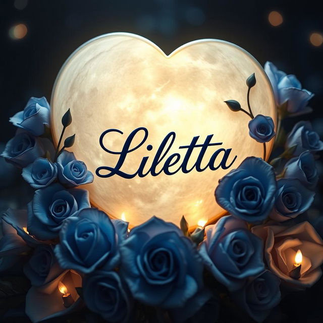 A beautifully crafted heart-shaped moon surrounded by stunning blue roses, with the name 'Lietta' elegantly written in a flowing script