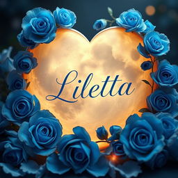 A beautifully crafted heart-shaped moon surrounded by stunning blue roses, with the name 'Lietta' elegantly written in a flowing script