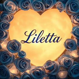 A beautifully crafted heart-shaped moon surrounded by stunning blue roses, with the name 'Lietta' elegantly written in a flowing script