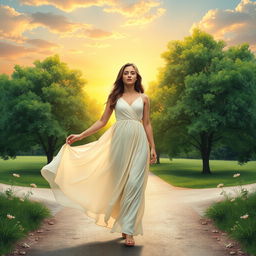 A serene scene depicting a young woman standing at a crossroads, symbolically leaving her past behind