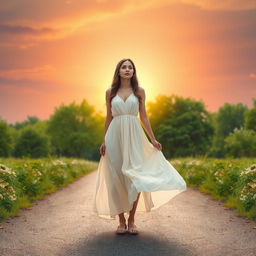 A serene scene depicting a young woman standing at a crossroads, symbolically leaving her past behind