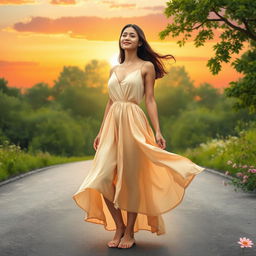 A serene scene depicting a young woman standing at a crossroads, symbolically leaving her past behind
