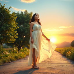 A serene scene depicting a young woman standing at a crossroads, symbolically leaving her past behind