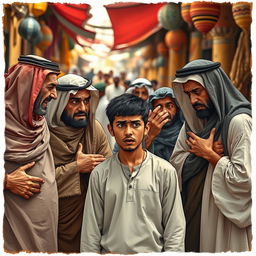 A tense scene depicting an angry Arab family shouting at a young man