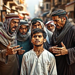 A tense scene depicting an angry Arab family shouting at a young man