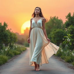 A serene scene depicting a young woman standing at a crossroads, symbolically leaving her past behind