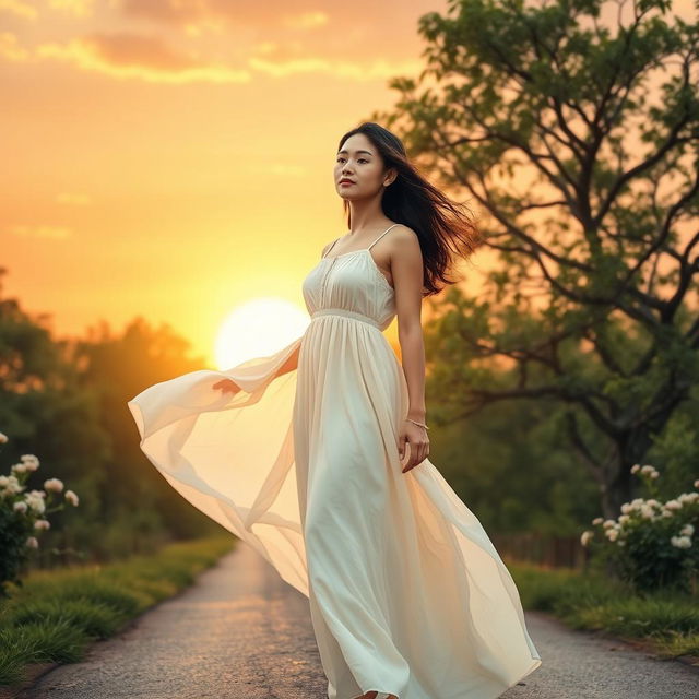 A serene scene depicting a young woman standing at a crossroads, symbolically leaving her past behind