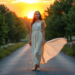 A serene scene depicting a young woman standing at a crossroads, symbolically leaving her past behind