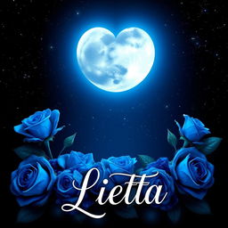 A heart-shaped moon illuminated against a starry night sky, surrounded by vibrant blue roses that add a touch of elegance and romance