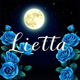 A heart-shaped moon illuminated against a starry night sky, surrounded by vibrant blue roses that add a touch of elegance and romance