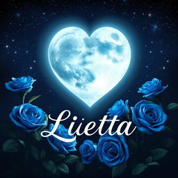A heart-shaped moon illuminated against a starry night sky, surrounded by vibrant blue roses that add a touch of elegance and romance
