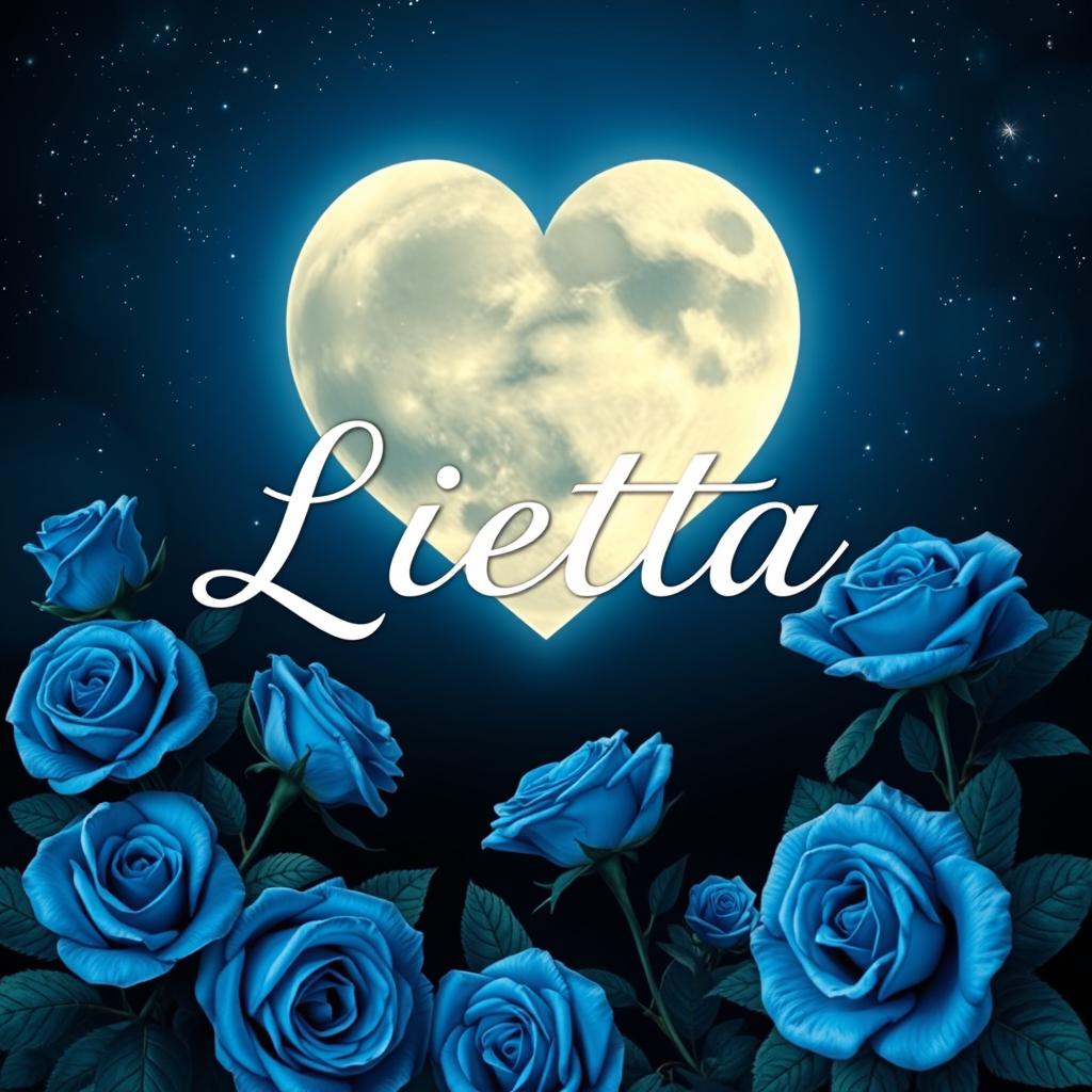 A heart-shaped moon illuminated against a starry night sky, surrounded by vibrant blue roses that add a touch of elegance and romance