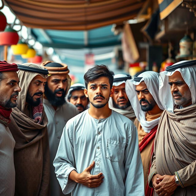 A dramatic scene featuring an angry Arab family shouting at a young man