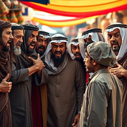 A dramatic scene featuring an angry Arab family shouting at a young man