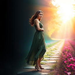 A young woman symbolically leaving behind a shadowy past, stepping forward into a bright and colorful future