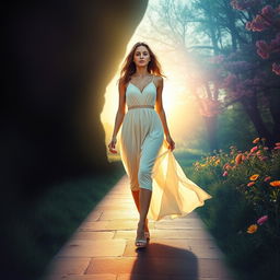 A young woman symbolically leaving behind a shadowy past, stepping forward into a bright and colorful future
