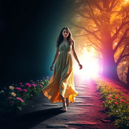 A young woman symbolically leaving behind a shadowy past, stepping forward into a bright and colorful future