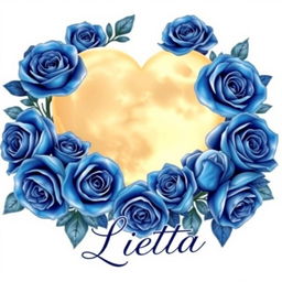 A beautiful heart-shaped moon surrounded by vibrant blue roses