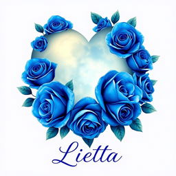 A beautiful heart-shaped moon surrounded by vibrant blue roses