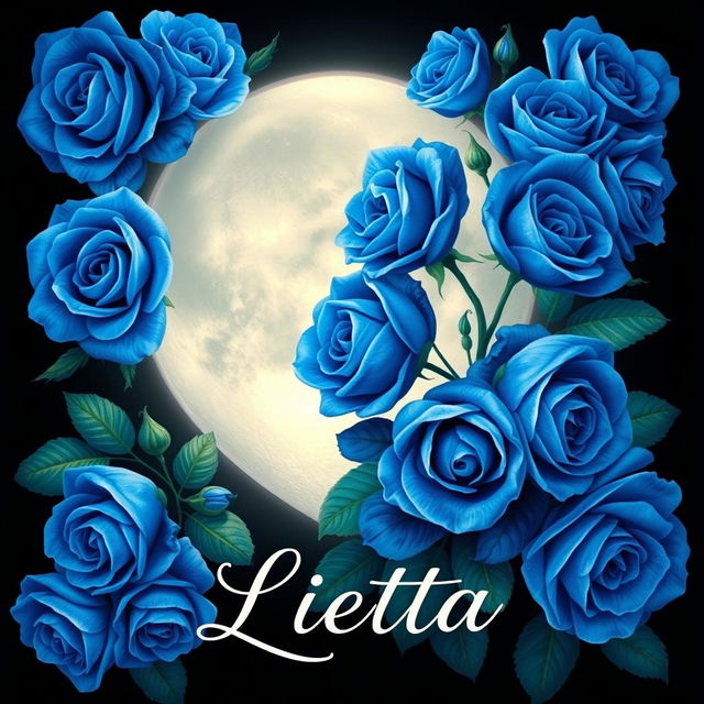 A beautiful heart-shaped moon surrounded by vibrant blue roses