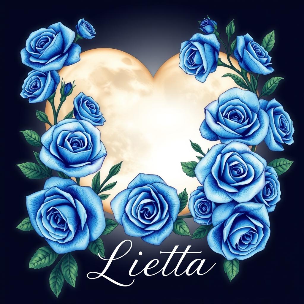 A beautiful heart-shaped moon surrounded by vibrant blue roses