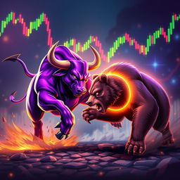 A dynamic scene featuring a powerful purple bull and a fierce bear engaged in an epic battle, symbolizing the volatility of the cryptocurrency market