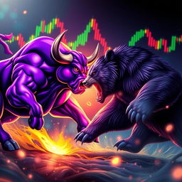 A dynamic scene featuring a powerful purple bull and a fierce bear engaged in an epic battle, symbolizing the volatility of the cryptocurrency market