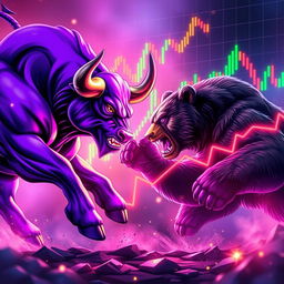 A dynamic scene featuring a powerful purple bull and a fierce bear engaged in an epic battle, symbolizing the volatility of the cryptocurrency market