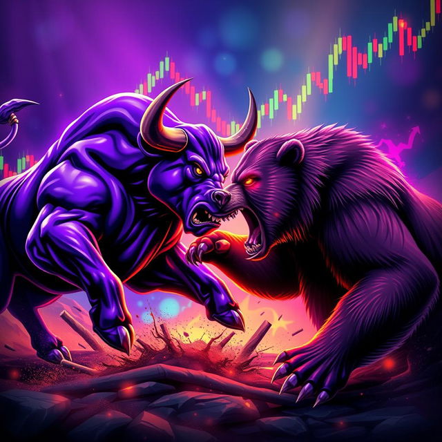 A dynamic scene featuring a powerful purple bull and a fierce bear engaged in an epic battle, symbolizing the volatility of the cryptocurrency market