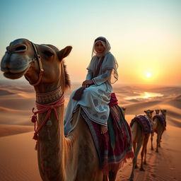 An Arab girl elegantly riding a camel, surrounded by a caravan of majestic sand dunes under a blue sky