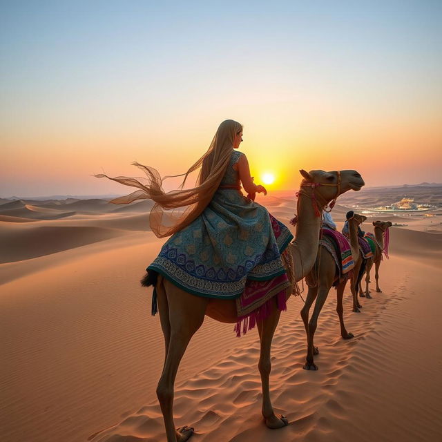 An Arab girl elegantly riding a camel, surrounded by a caravan of majestic sand dunes under a blue sky