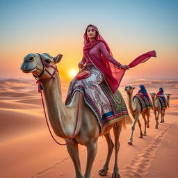 An Arab girl elegantly riding a camel, surrounded by a caravan of majestic sand dunes under a blue sky