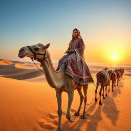 An Arab girl elegantly riding a camel, surrounded by a caravan of majestic sand dunes under a blue sky