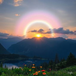 A stunning landscape depicting an otherworldly halo over a serene mountain range, with ethereal light radiating in a spectrum of colors, creating a magical atmosphere